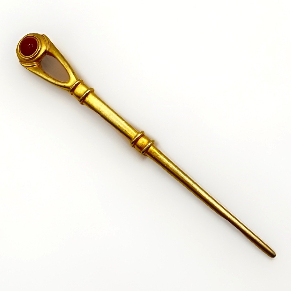 Vintage Patti‎ Horn Brooch Gold Tone Figural LONG Bar Pin Red Cabochon Statement